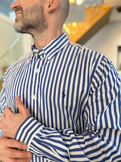 Camisa Polo R.L hombre Algodón Rayas Azules Con Blanco Caballo Azul