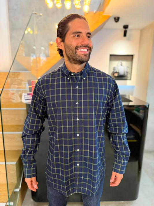 Camisa Polo R.L hombre Oxford Cuadros Azules Con Verde Caballo Verde