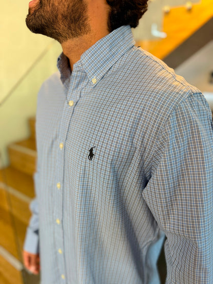 Camisa Polo R.L hombre Algodón Cuadros Celestes Con Blanco Caballo Negro