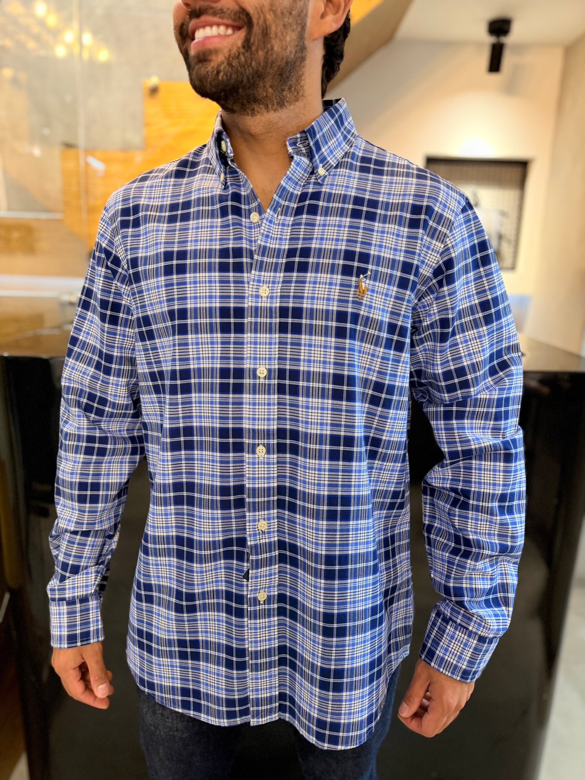 Camisa Polo R.L hombre Oxford Cuadros Azules Con Blanco Caballo Multicolor