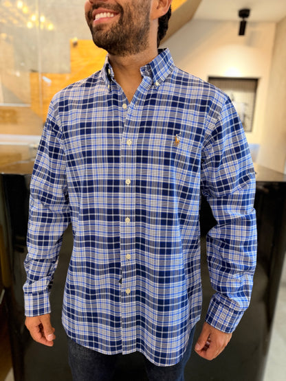 Camisa Polo R.L hombre Oxford Cuadros Azules Con Blanco Caballo Multicolor