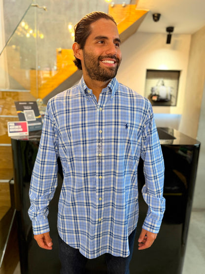 Camisa Polo R.L hombre Algodón Performance Cuadros Celestes Con Blanco Caballo Azul