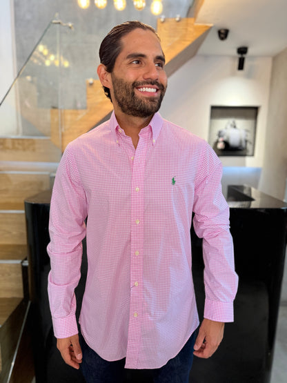 Camisa Polo R.L hombre Algodón Cuadros Rosados Con Blanco Caballo Verde
