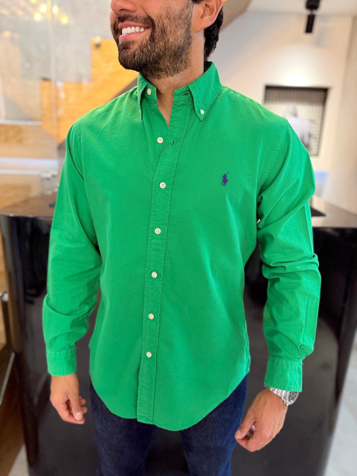 Camisa Polo R.L hombre Oxford Verde Caballo Morado