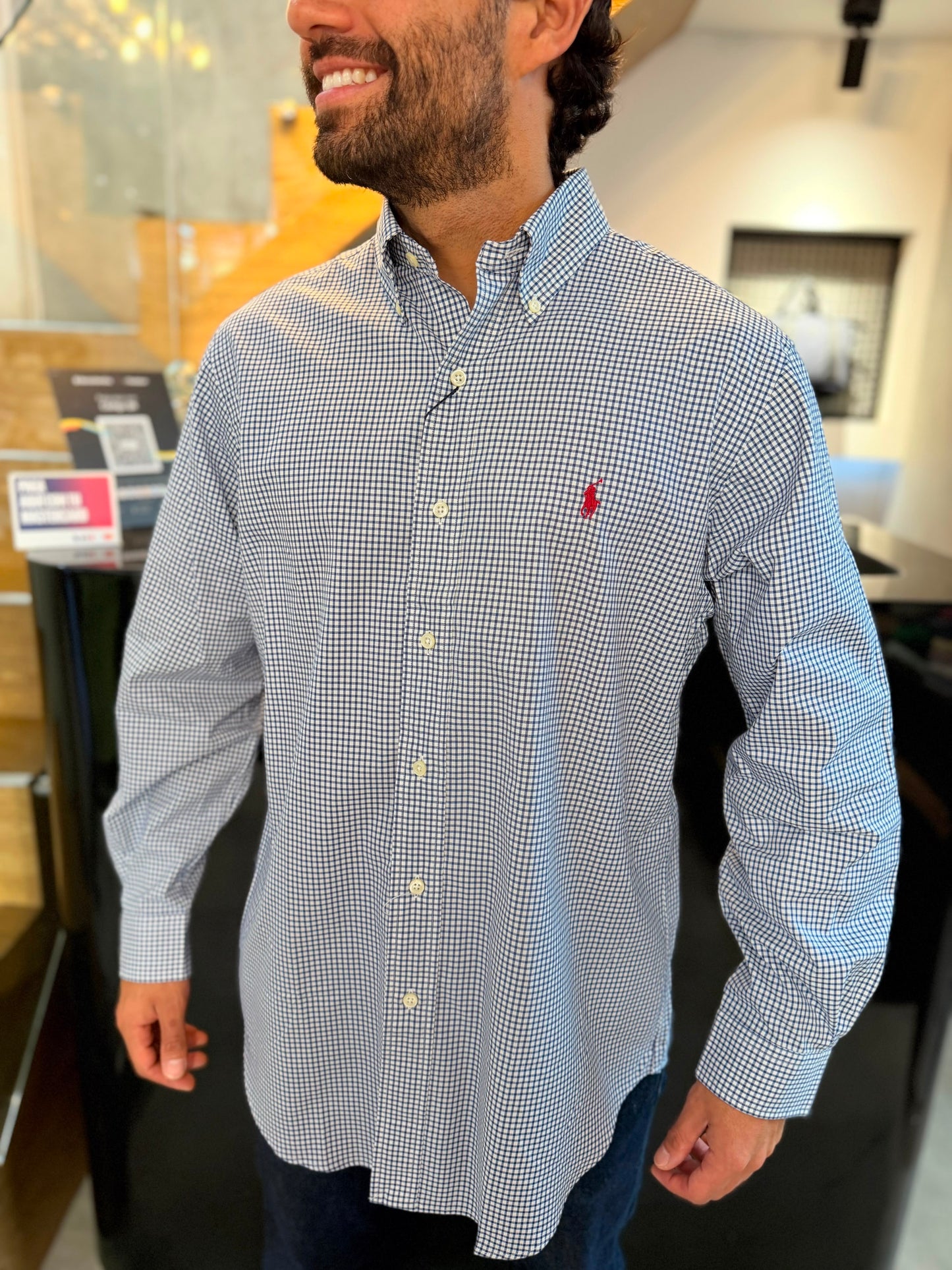 Camisa Polo R.L hombre Algodón Cuadros Azules Con Blanco Caballo Vino Tinto
