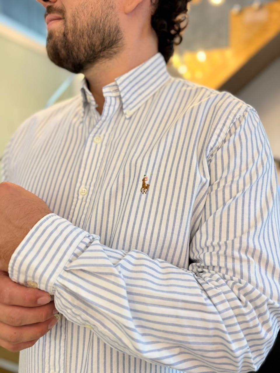Camisa Polo R.L hombre Oxford Custom Fit Rayas Blancas Caballo Multicolor