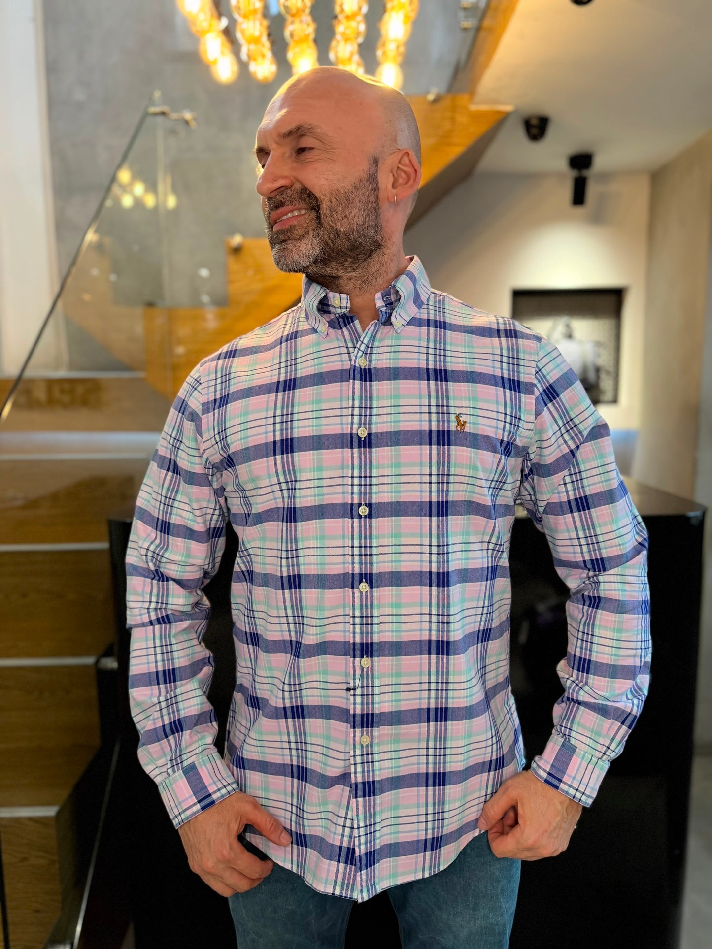 Camisa Polo R.L hombre Oxford Slim Fit Cuadros Rosados con Azul Caballo Multicolor