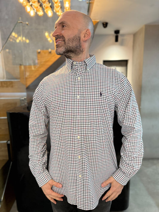 Camisa Polo R.L hombre Algodón Cuadros Blancos Caballo Cafe