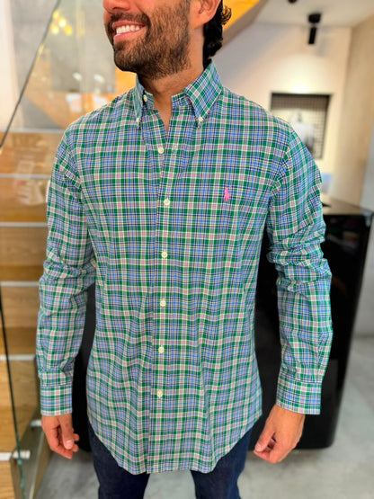Camisa Polo R.L hombre Algodón Cuadros Verdes Caballo Rosado