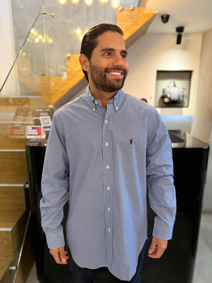 Camisa Polo R.L hombre Algodón Cuadros Azules Con Blanco Caballo Uva