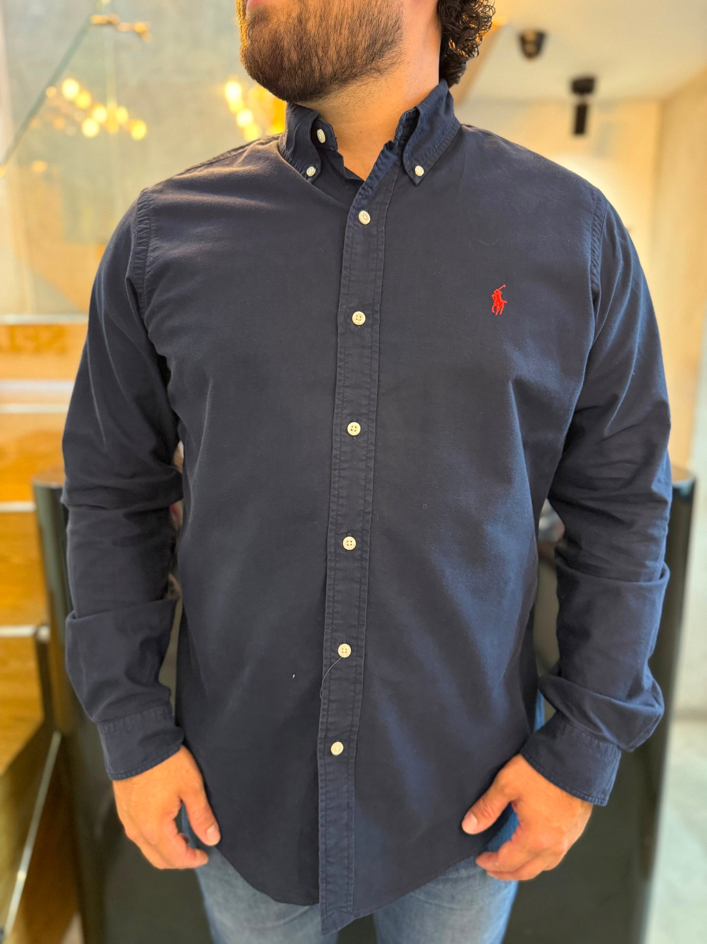 Camisa Polo R.L hombre Oxford Azul Caballo Rojo