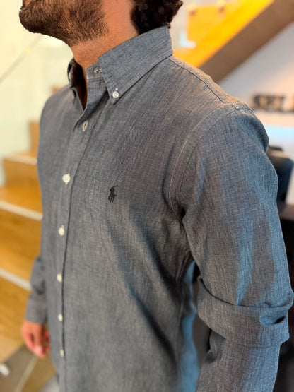 Camisa Polo R.L hombre Oxford Slim Fit Gris Tipo Jean Caballo Negro