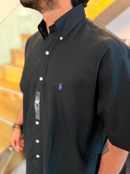 Camisa Polo R.L hombre Algodón Manga Corta Negra Caballo Morado