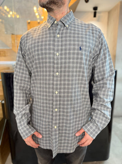 Camisa Polo R.L hombre Algodón Cuadros Grises Con Blanco Caballo Azul