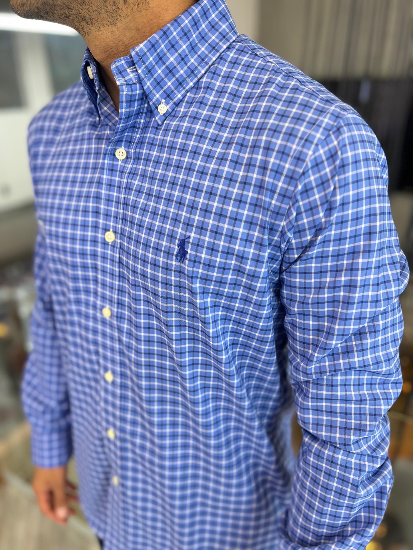 Camisa Polo R.L hombre Algodón Cuadros Azules Caballo Azul