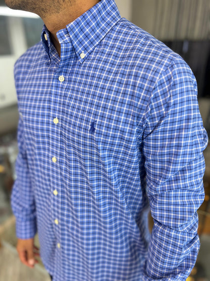 Camisa Polo R.L hombre Algodón Cuadros Azules Caballo Azul