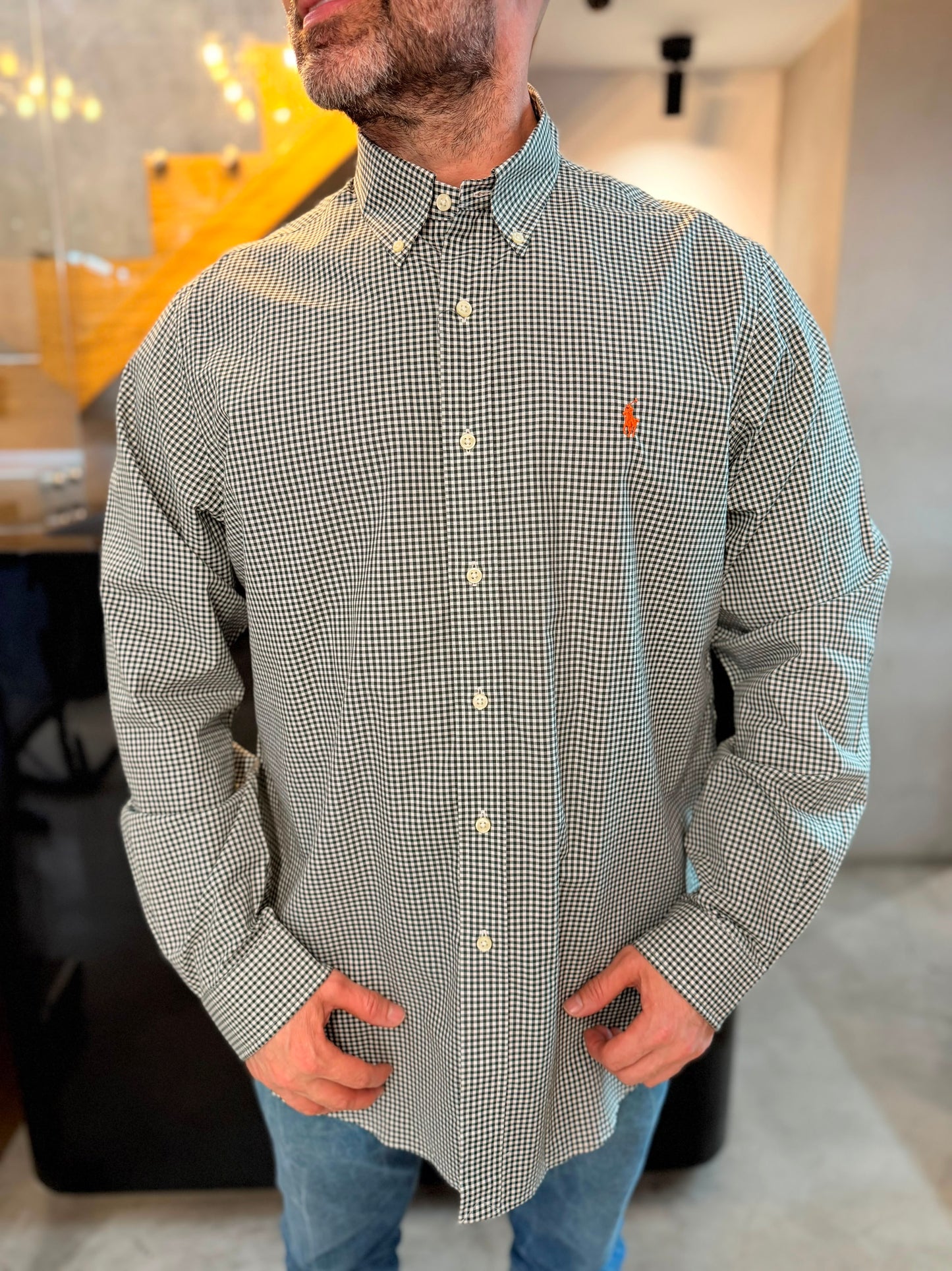 Camisa Polo R.L hombre Algodón Cuadros Verdes Con Blanco Caballo Naranja