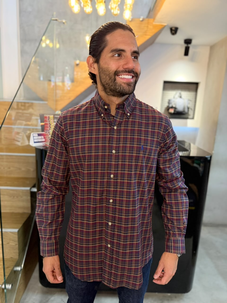 Camisa Polo R.L hombre Algodón Cuadros Vino Con Café Caballo Azul