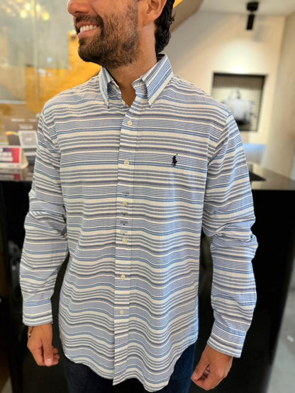 Camisa Polo R.L hombre Galleta Rayas Azules Con Blanco Caballo Negro