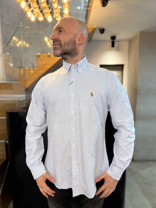 Camisa Polo R.L hombre Oxford Rayas Celestes Con Blanco Caballo Multicolor