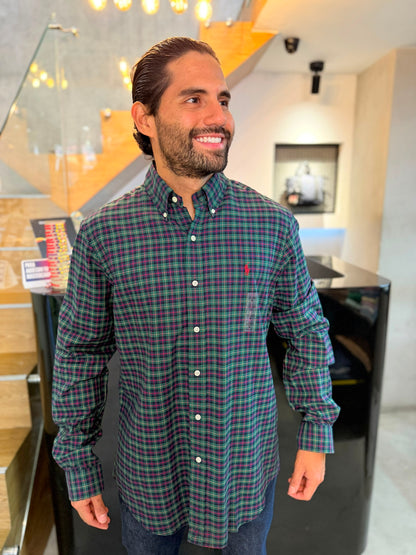 Camisa Polo R.L hombre Algodón Cuadros Verdes Con Azul Caballo Rojo