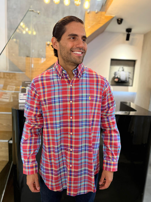 Camisa Polo R.L hombre Algodón Cuadros Rojos con Azul Caballo Amarillo