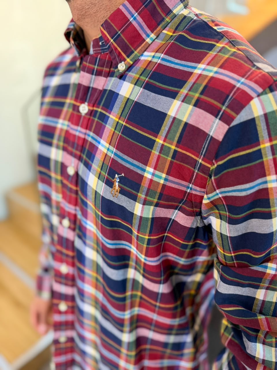 Camisa Polo R.L hombre Oxford Cuadros Rojos Con Azul Caballo Multicolor