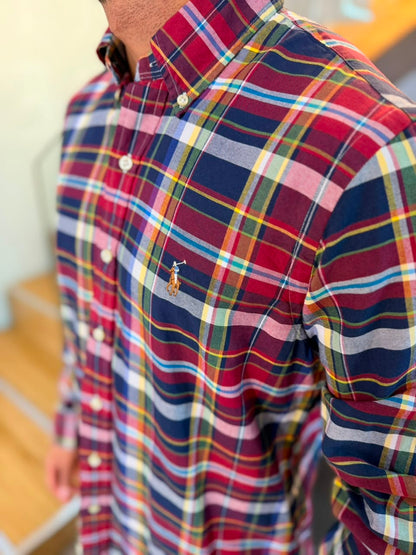 Camisa Polo R.L hombre Oxford Cuadros Rojos Con Azul Caballo Multicolor