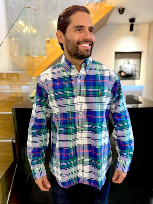 Camisa Polo R.L hombre Oxford Cuadros Verdes Con Azul Caballo multicolor