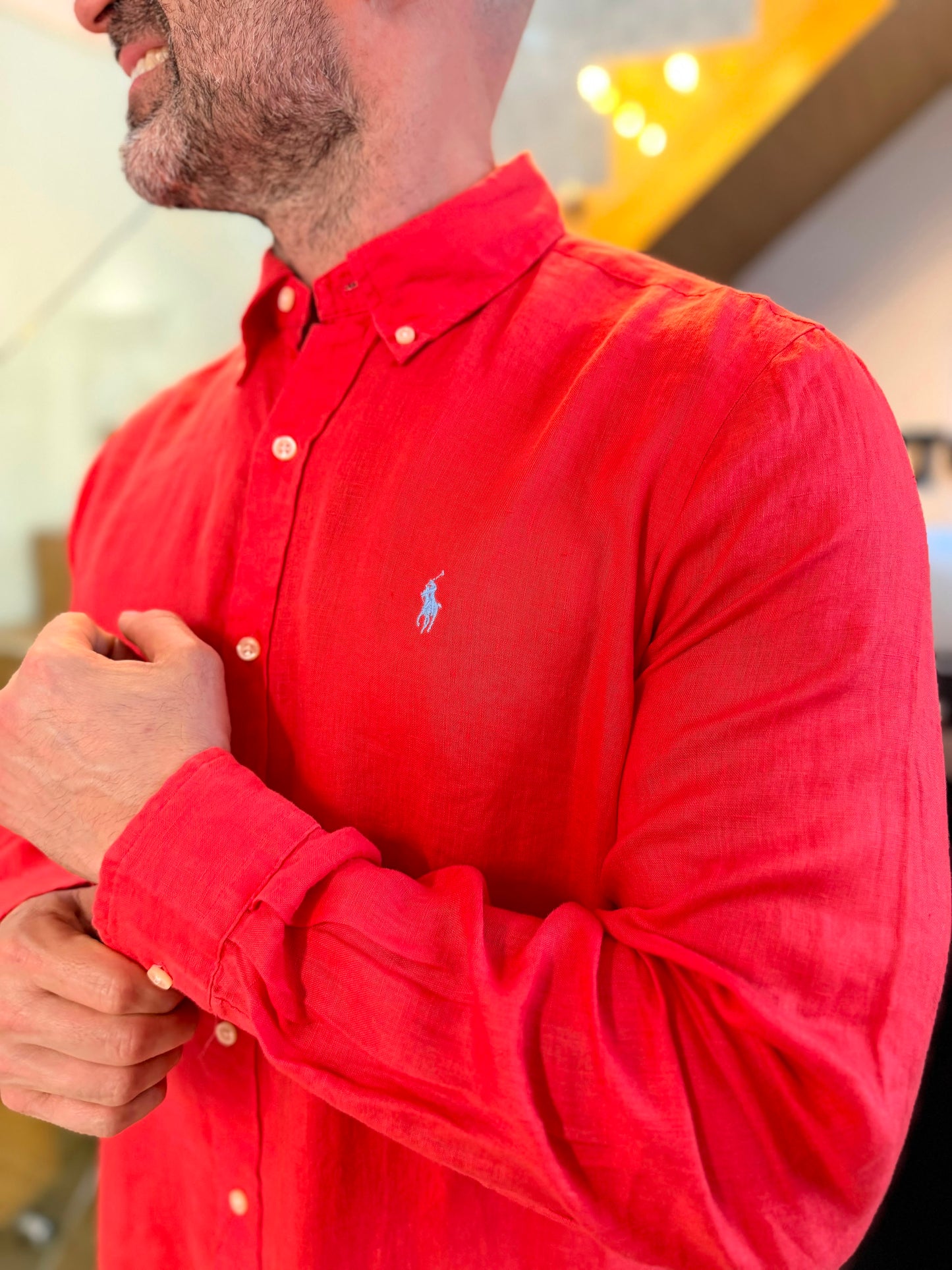 Camisa Polo R.L hombre Lino Coral Caballo Celeste