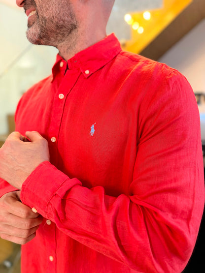 Camisa Polo R.L hombre Lino Coral Caballo Celeste