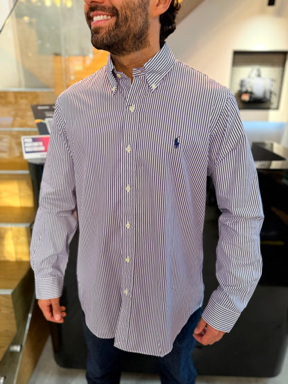 Camisa Polo R.L hombre Algodón Rayas Moradas Con Blanco Caballo Azul