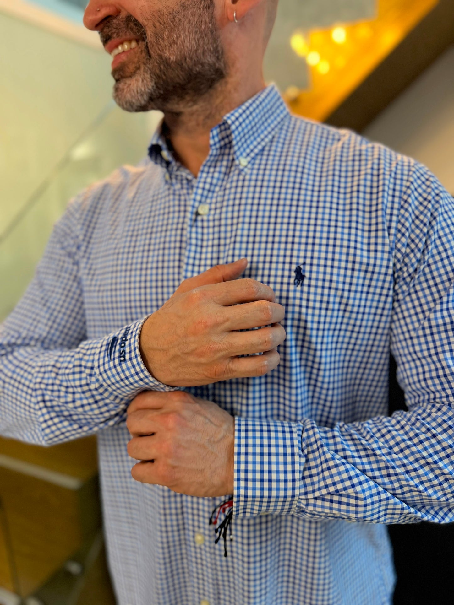 Camisa Polo R.L hombre Algodón Performance Cuadros Azules Con Blanco Caballo Azul