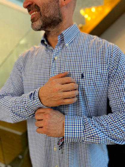 Camisa Polo R.L hombre Algodón Performance Cuadros Azules Con Blanco Caballo Azul