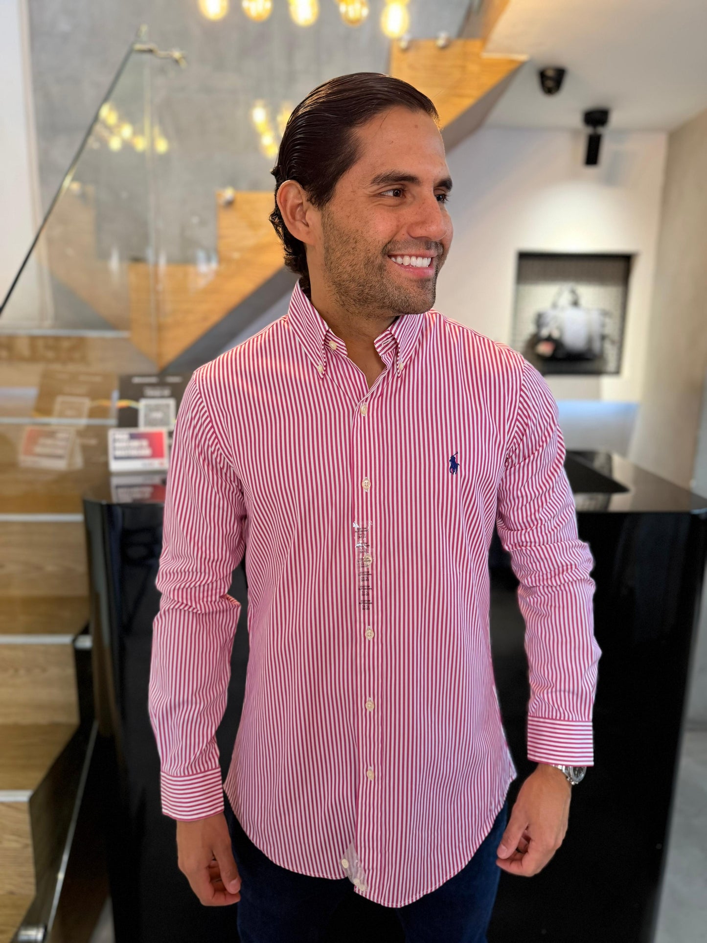 Camisa Polo R.L hombre Algodón Rayas Rosadas Con Blanco Caballo Azul