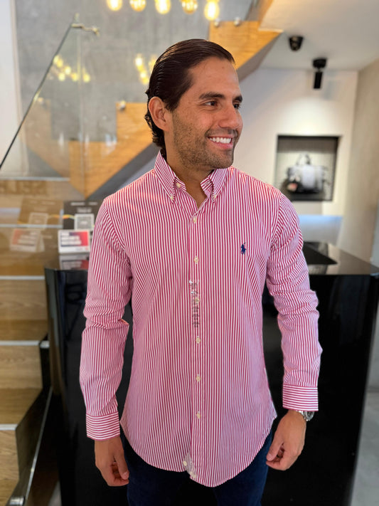 Camisa Polo R.L hombre Algodón Rayas Rosadas Con Blanco Caballo Azul