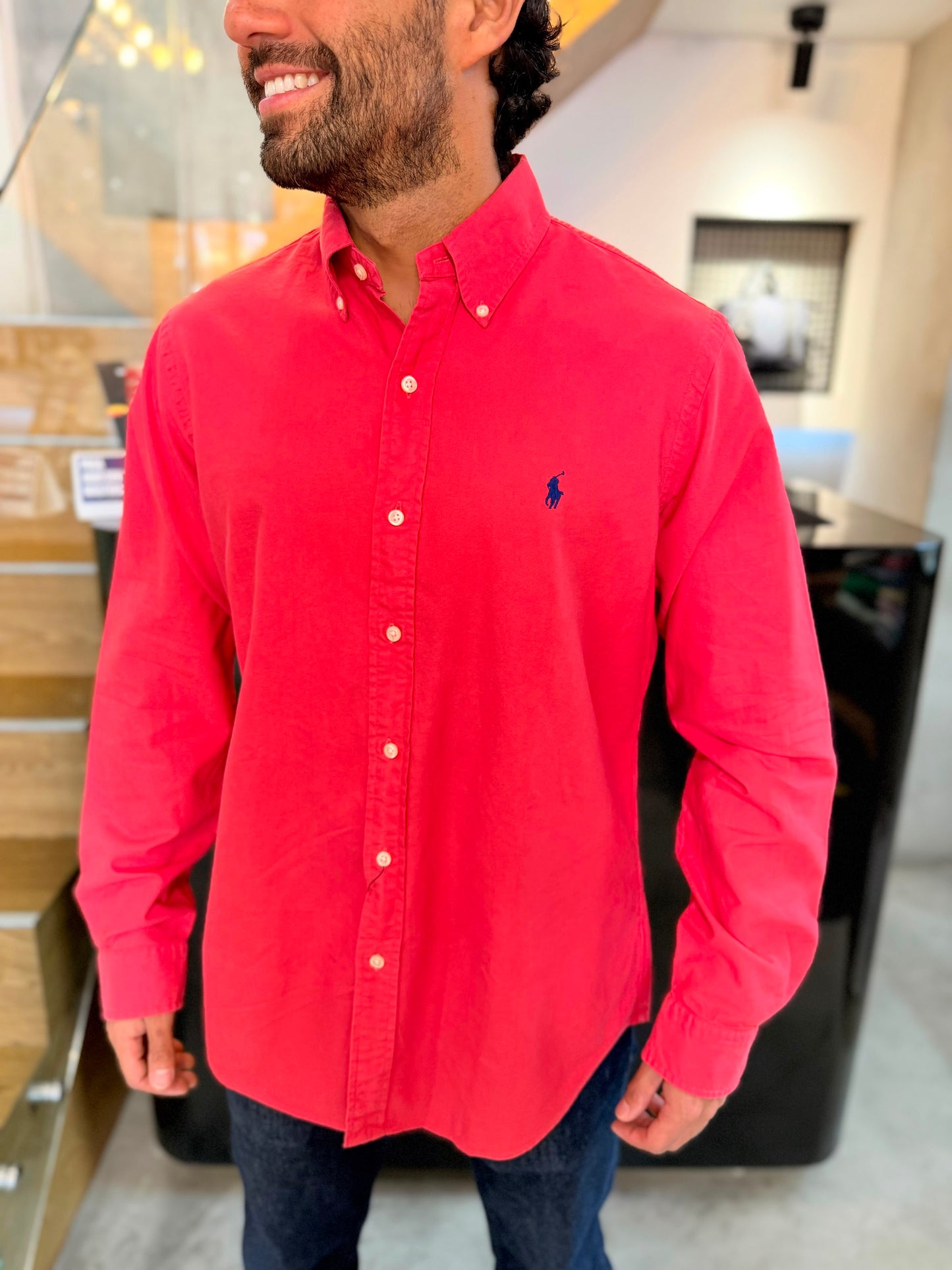 Camisa Polo R.L hombre Oxford Coral Caballo Azul