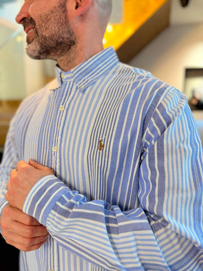 Camisa Polo R.L hombre Oxford Rayas Azules Con Blanco Caballo Multicolor