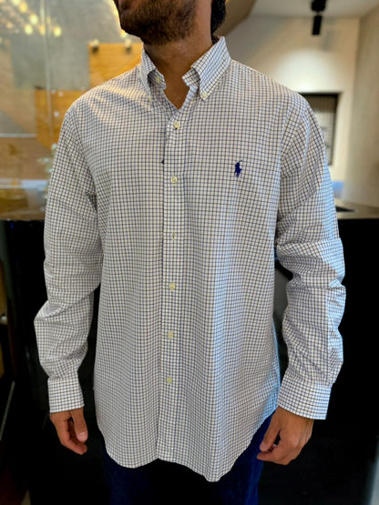 Camisa Polo R.L hombre Algodón Cuadros Blancos Caballo Azul