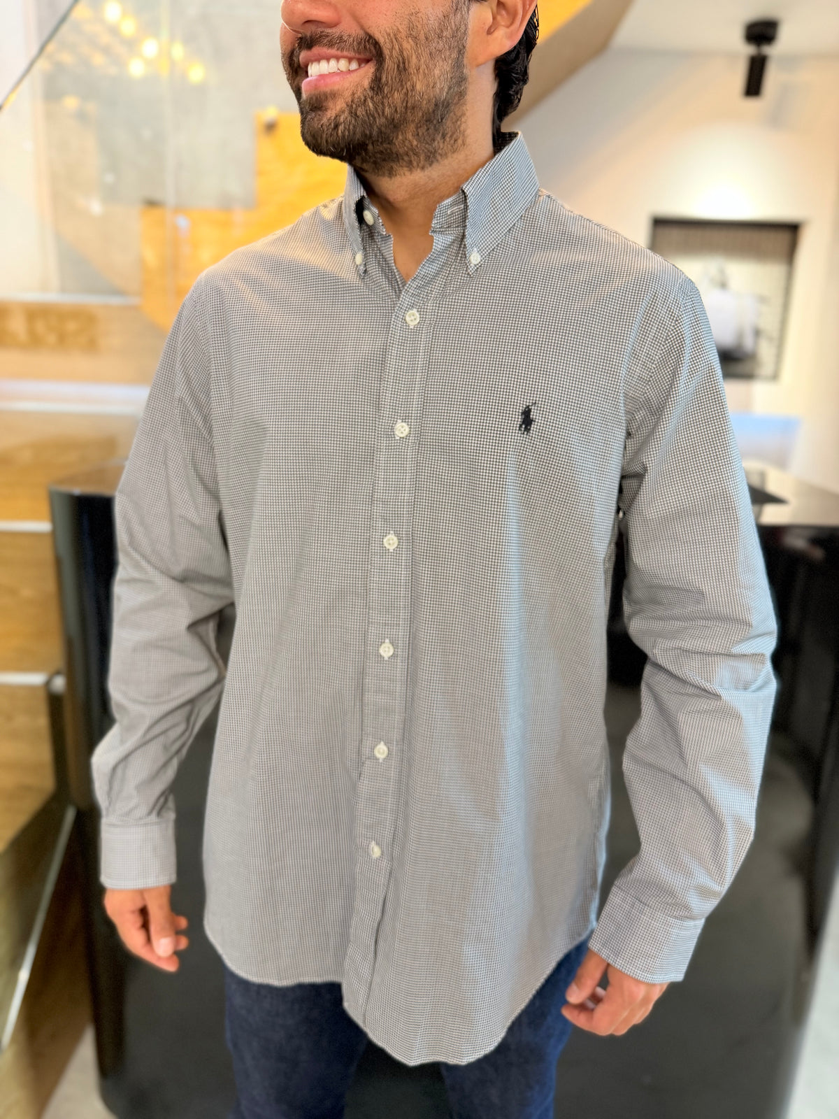 Camisa Polo R.L hombre Algodón Cuadros Negros Con Blanco Caballo Azul