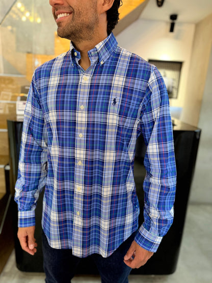 Camisa Polo R.L hombre Performance Cuadros Azules Caballo Azul