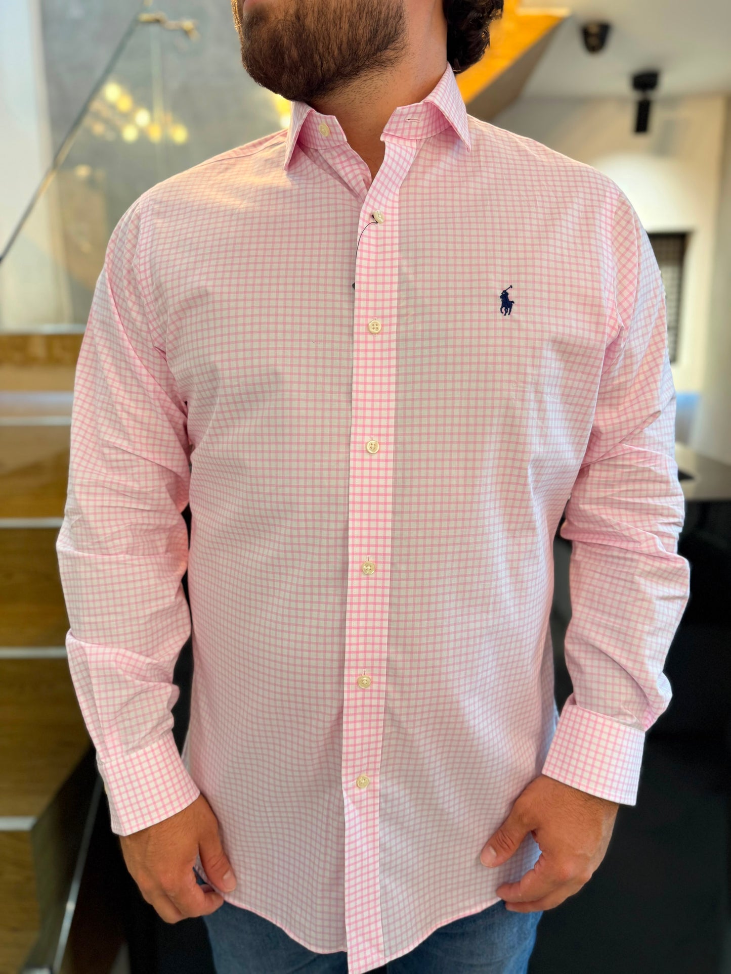 Camisa Polo R.L hombre Algodón Custom Fit Cuadros Blancos Caballo Azul