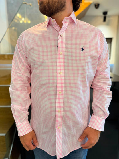 Camisa Polo R.L hombre Algodón Custom Fit Cuadros Blancos Caballo Azul