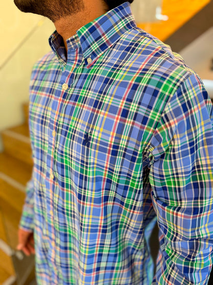 Camisa Polo R.L hombre Algodón Performance Cuadros Azules Con Verde Caballo Azul