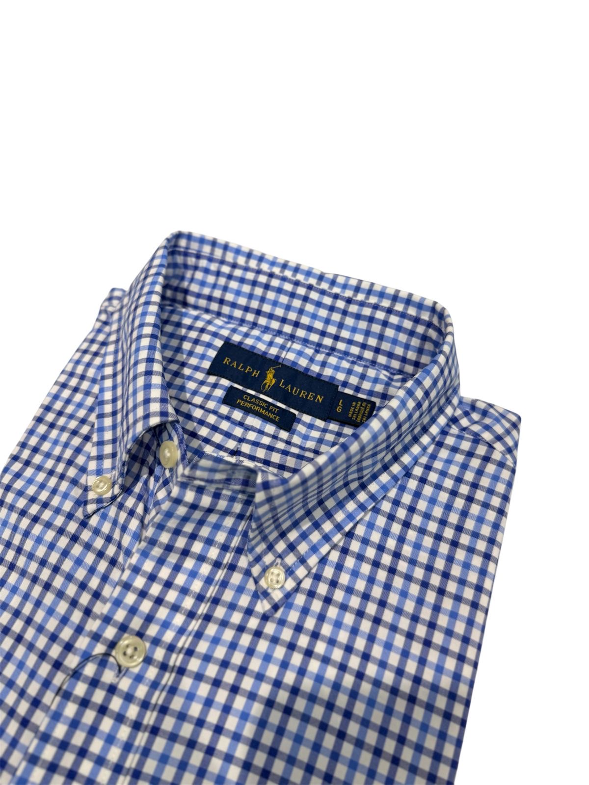 Camisa Polo R.L hombre Performance Cuadros Azules Caballo Azul