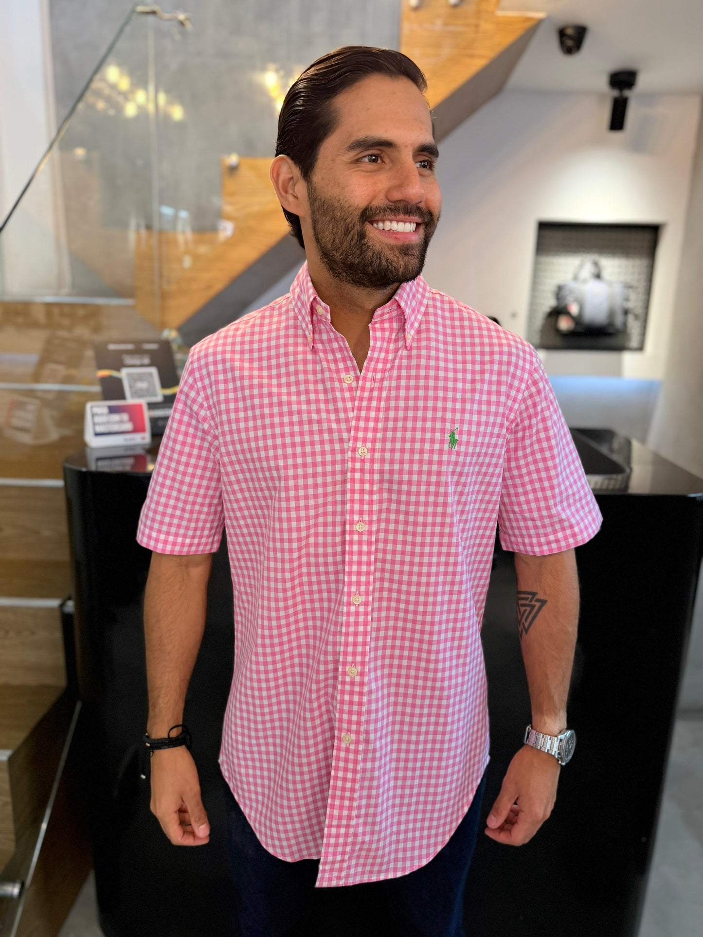 Camisa Polo R.L hombre Manga Corta Algodón Cuadros Rosados Con Blanco Caballo Verde