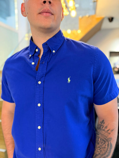 Camisa Polo R.L hombre Oxford Manga Corta Azul Caballo Verde