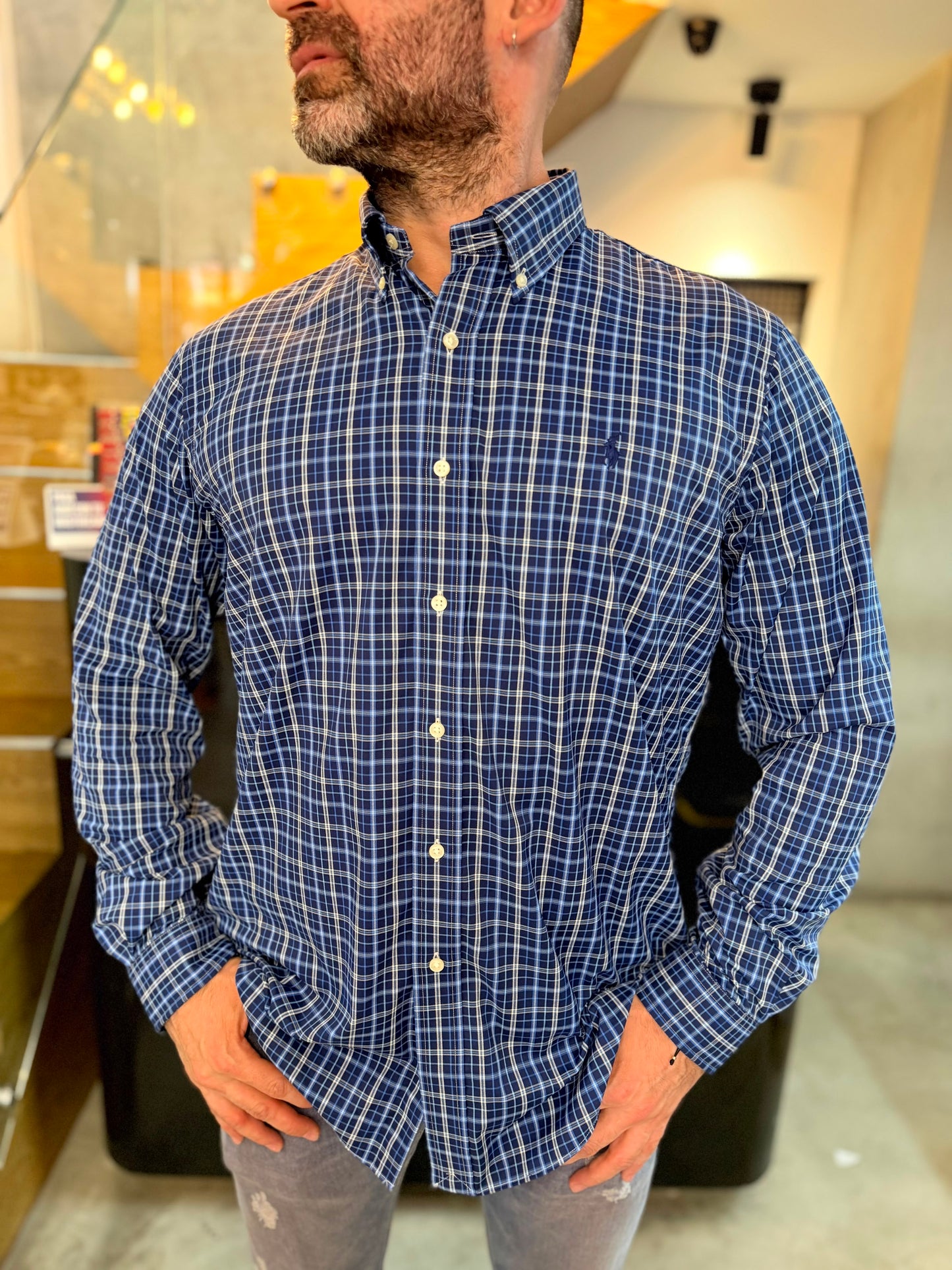 Camisa Polo R.L hombre Algodón Cuadros Azules Caballo Azul