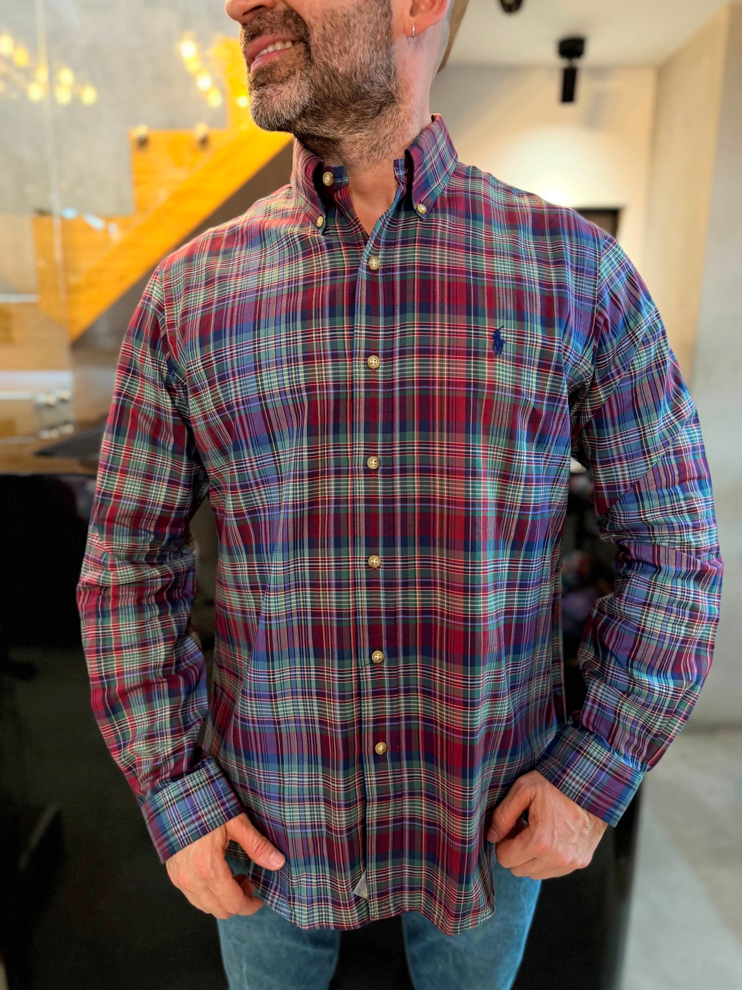 Camisa Polo R.L hombre Algodón Cuadros Morados Con Verde Caballo Azul