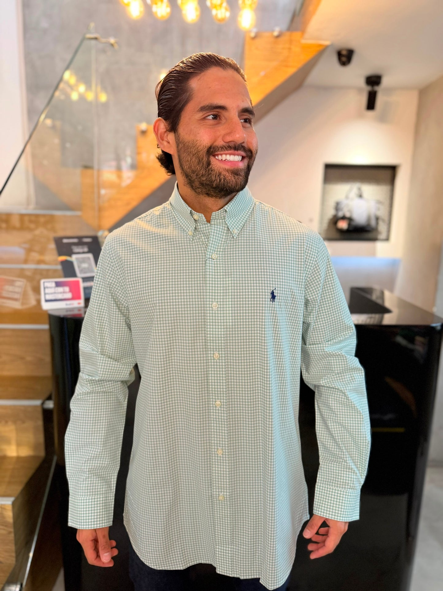 Camisa Polo R.L hombre Algodón Cuadros Verdes Con Blanco Caballo Azul